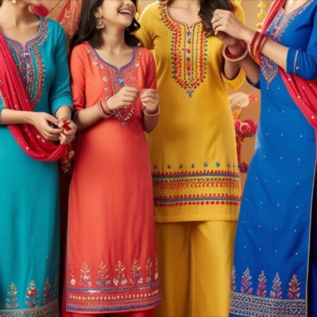Generate an image of a family celebrating Raksha Bandhan, with women wearing colorful kurtis and palazzos.