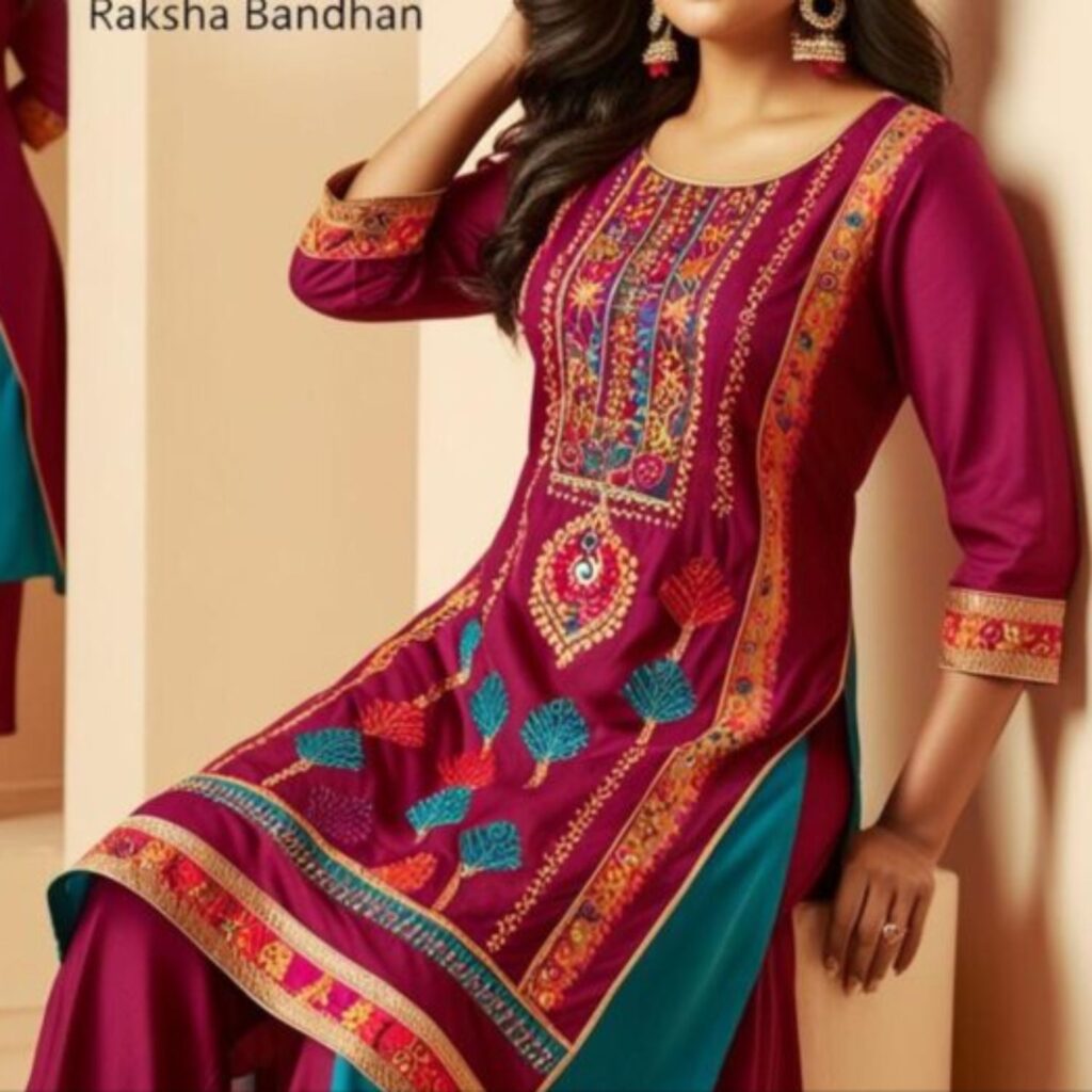 Trendy Indian plus-size kurti and palazzo set styled for Raksha Bandhan with a comfortable and festive look.