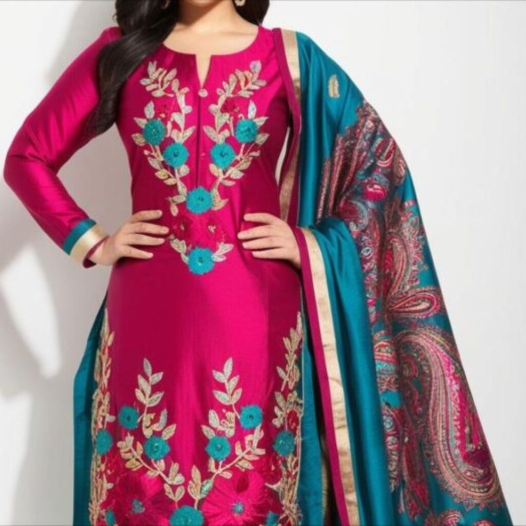 Trendy Indian plus-size salwar kameez set in bright colors with intricate embroidery and eye-catching prints.