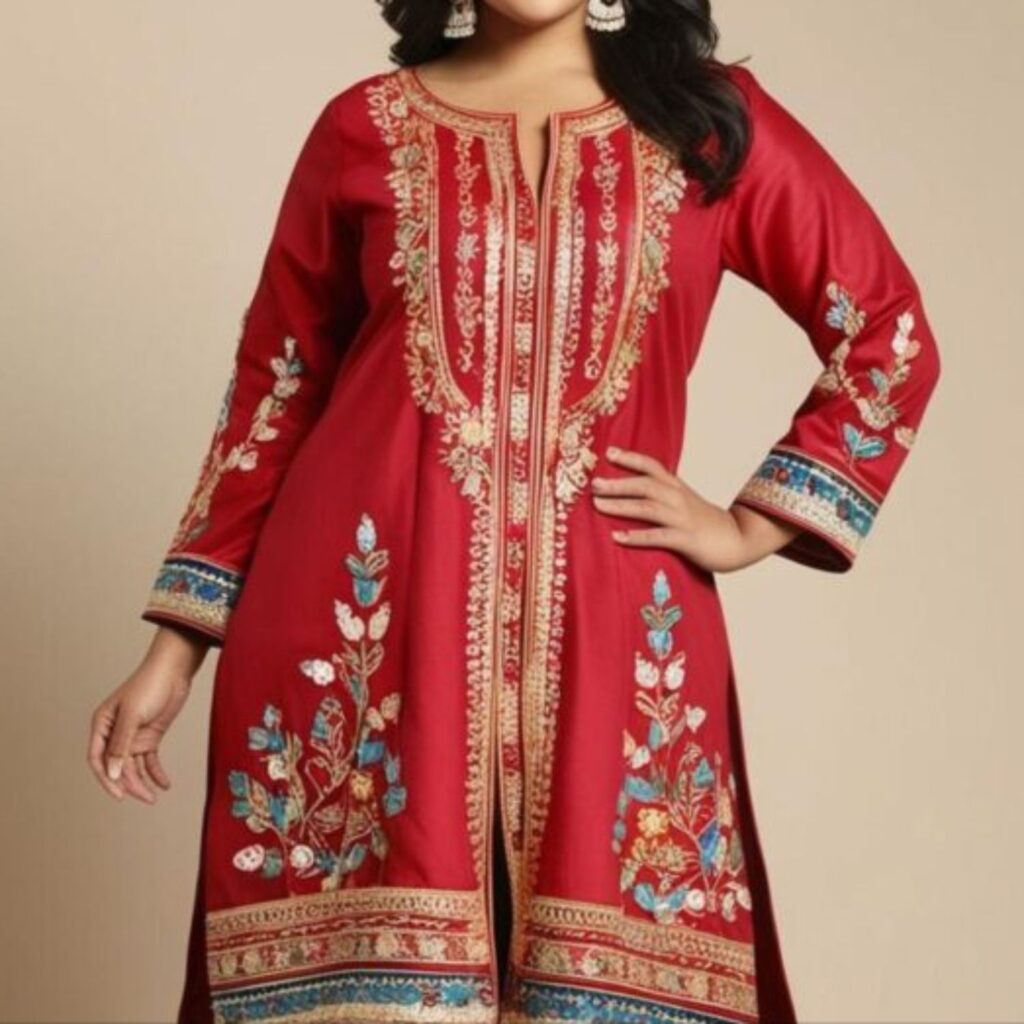 Trendy Indian plus-size Indo-Western fusion outfit featuring a tunic paired with jeans or leggings for style.