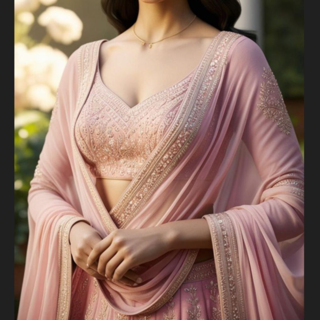 Generate an image of a stunning woman wearing a pastel pink lehenga with a cape-style design and minimal jewelry.