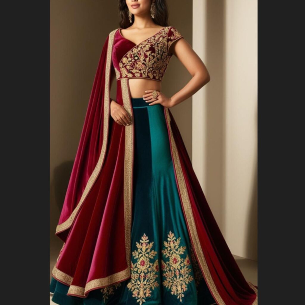 Trendy Indian plus-size lehenga with a unique silhouette featuring an asymmetrical hem and cape-style design.