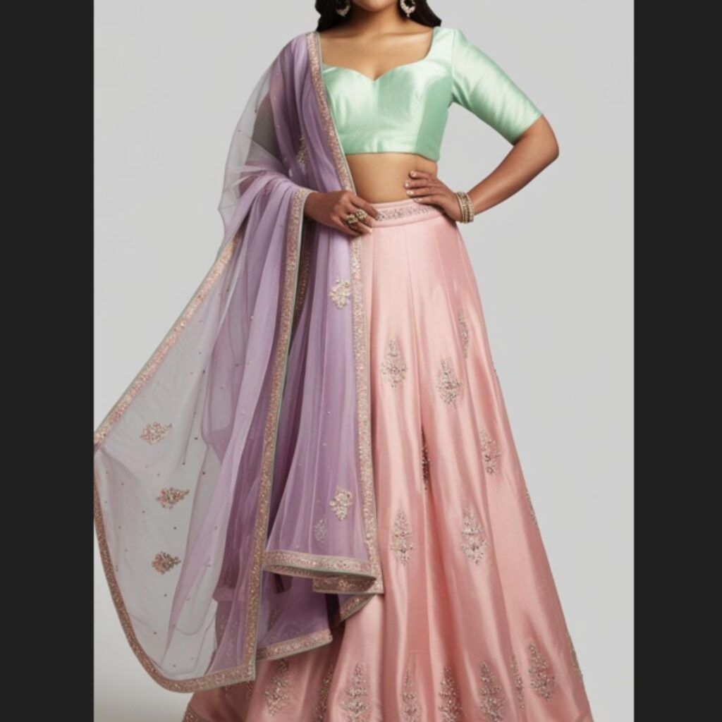 Trendy Indian plus-size wedding outfit in pastel shades like blush pink, mint green, and lavender for elegance.