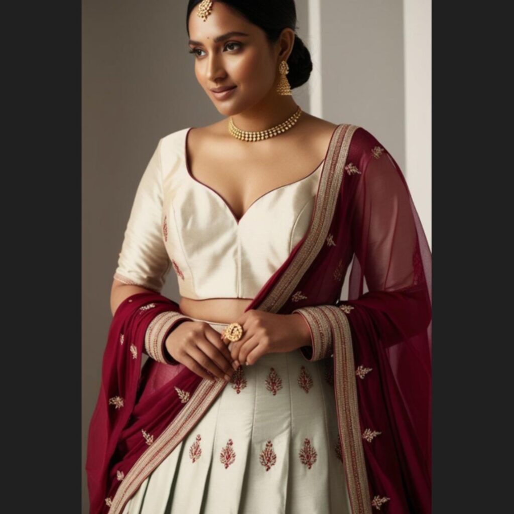Trendy Indian plus-size wedding outfit styled with minimalist jewelry for an elegant and understated appearance.
