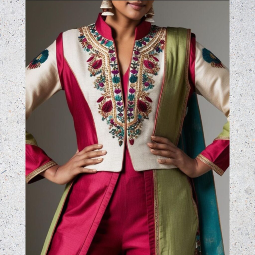 Trendy Indian plus-size outfit made from sustainable fabrics like organic cotton and recycled silk for eco-friendly style.