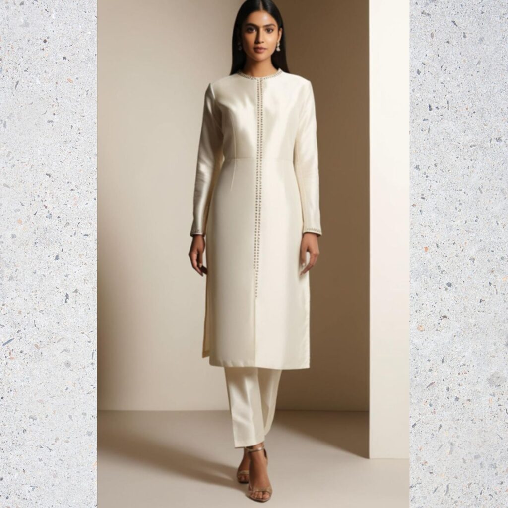 Trendy Indian plus-size outfit with a minimalist design featuring clean lines and subtle embellishments for elegance.