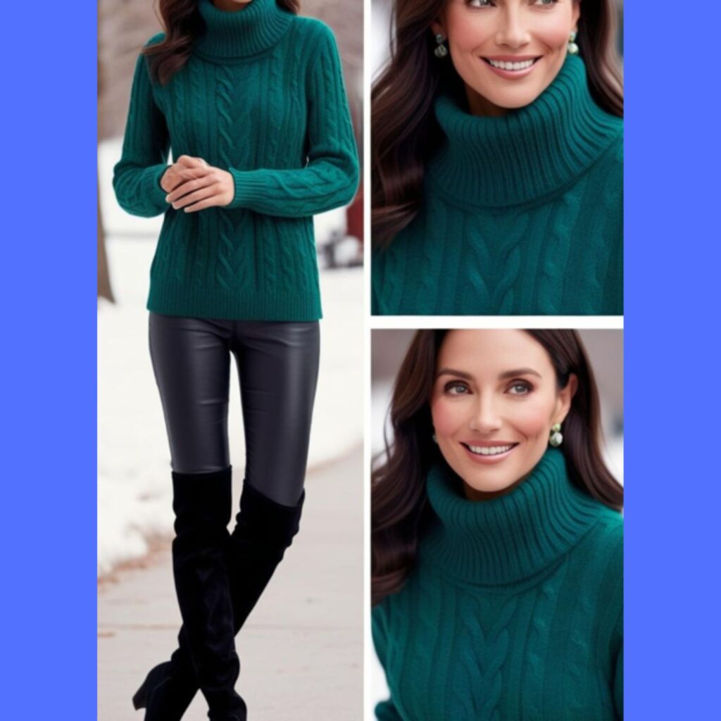 Generate an image of a lovely woman wearing a winter vibrant emerald green sweater with black leather pants and over-the-knee boots.