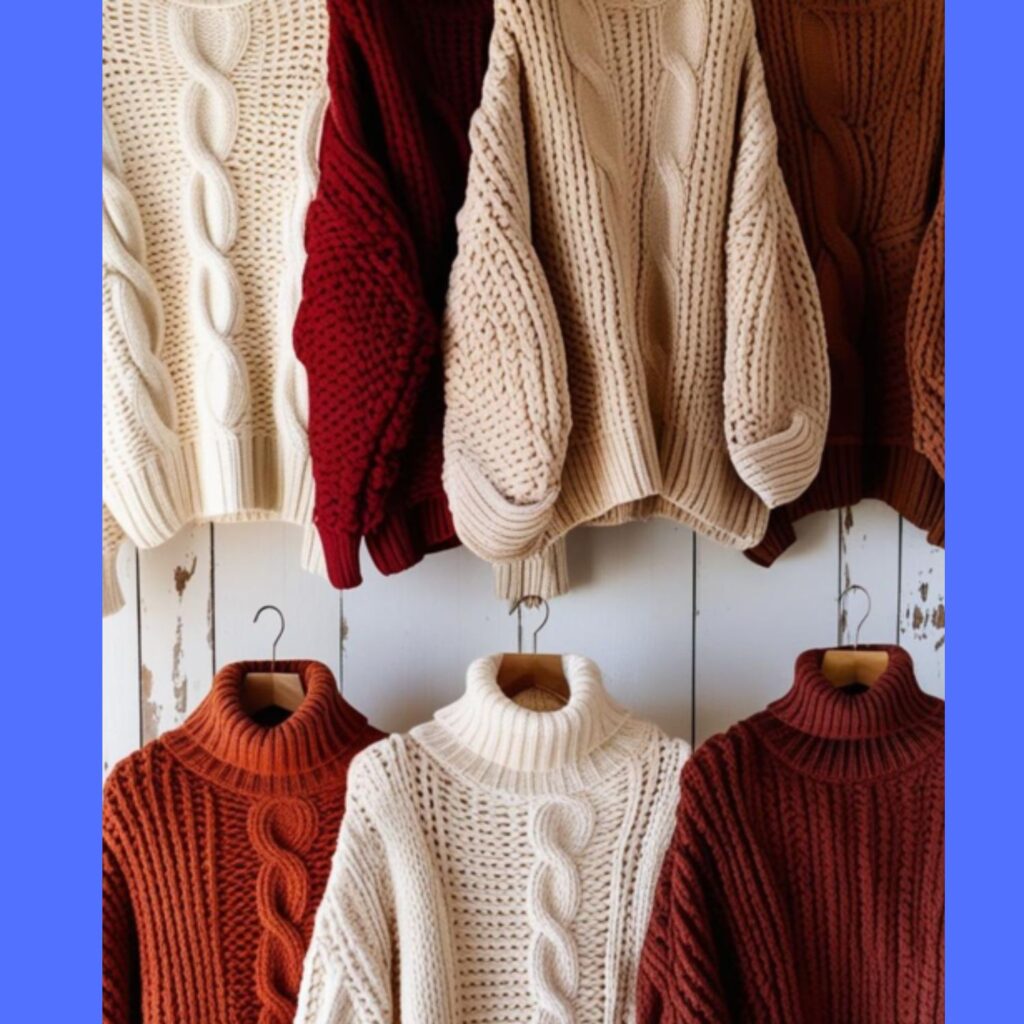 Chunky knits, oversized cardigans, and cozy turtlenecks: warm winter wear.