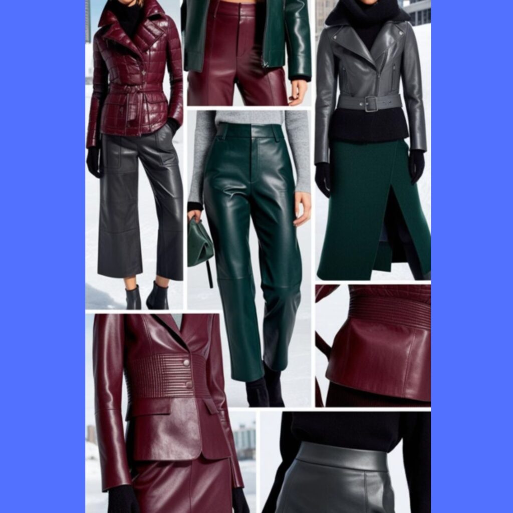 Leather/faux leather adds edge to winter: jackets, pants, skirts.