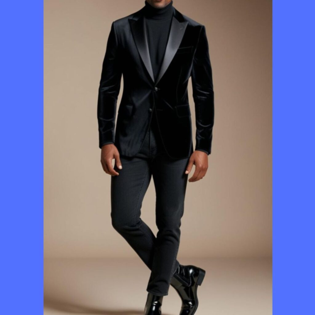 Generate an image of a handsome man wearing a black velvet blazer over a black turtleneck sweater, paired with black jeans and leather boots.