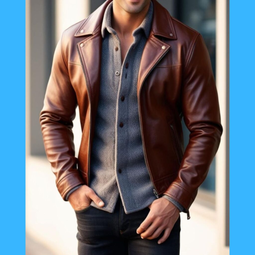 Generate an image of a good-looking man wearing a brown leather jacket over a gray flannel shirt and dark jeans.