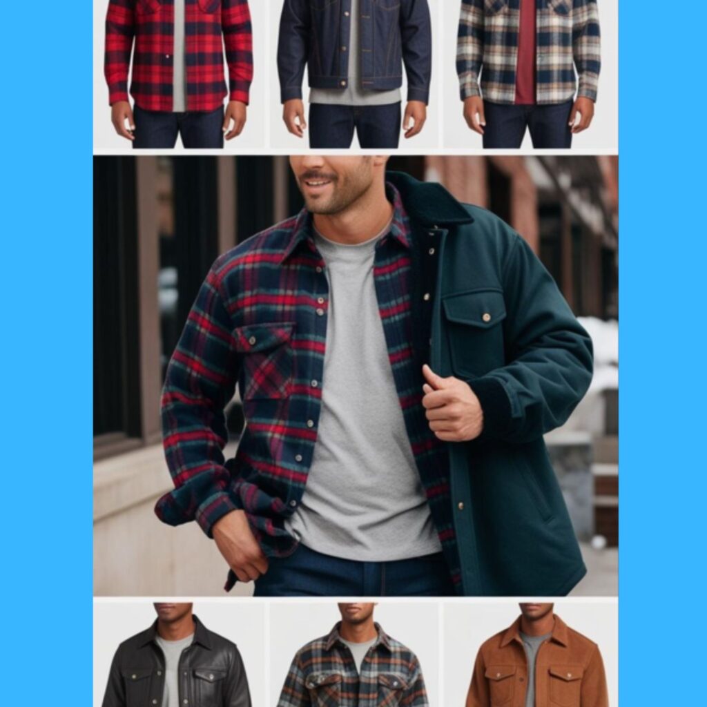 Men's winter style: flannel shirts over tees or under jackets.