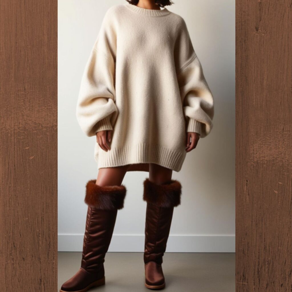 Generate an image of a person wearing a winter cozy oversized sweater made from recycled wool, paired with sustainable faux fur boots.