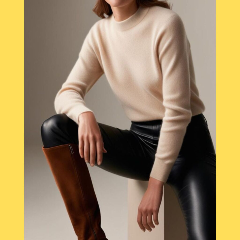 Generate an image of a lovely woman wearing a cashmere sweater with black leather pants and knee-high suede boots.