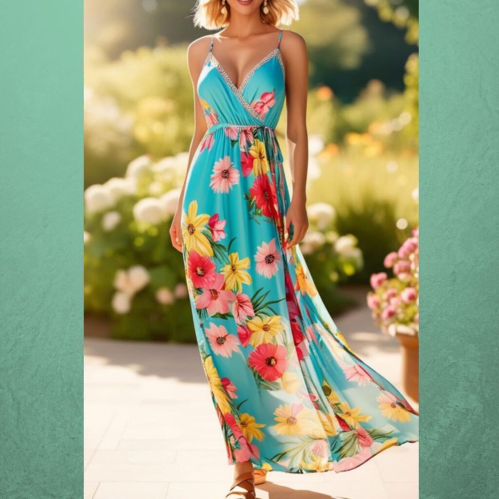 Generate an image of a stunning woman wearing a flowing floral maxi dress with strappy sandals.
