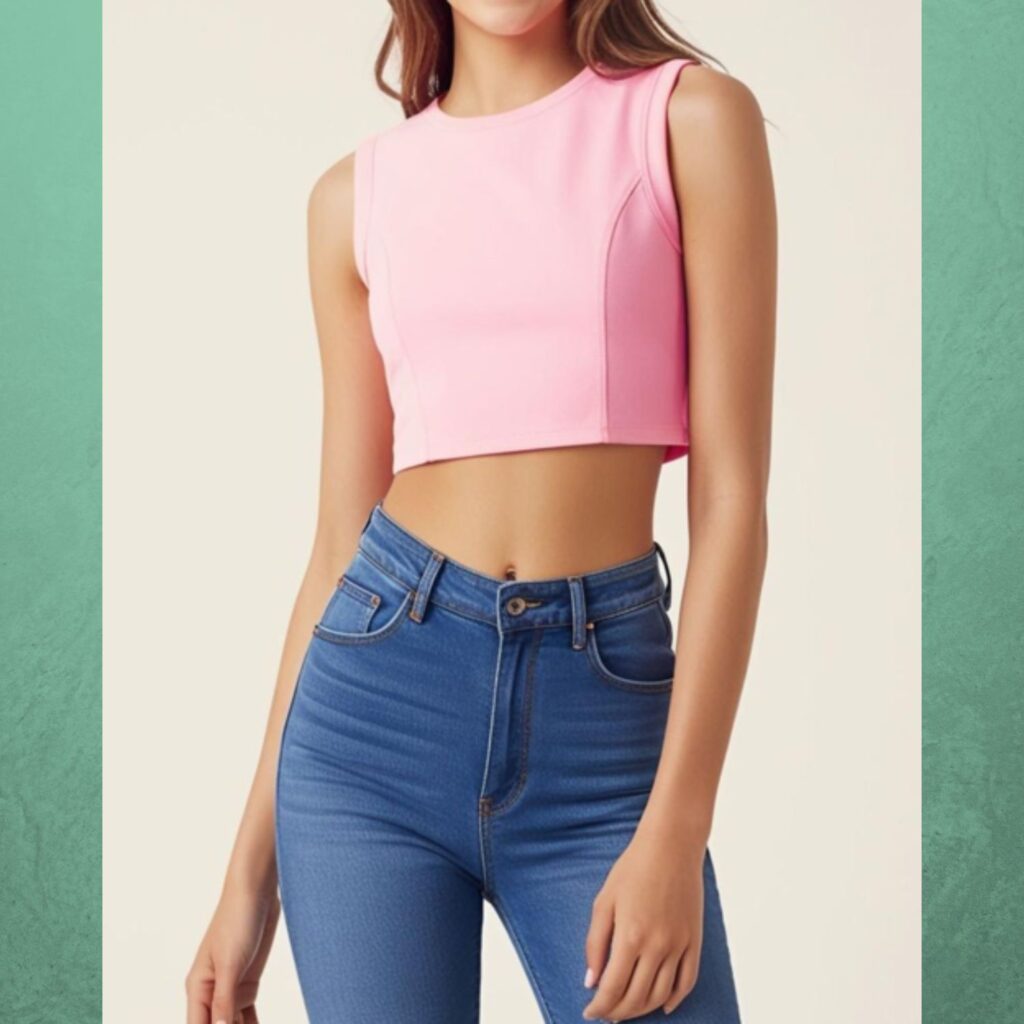 Crop top style: Paired with high-waisted jeans or skirts for a youthful look.