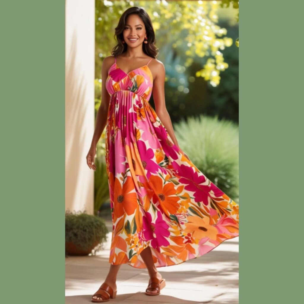 Generate an image of a lovely woman wearing a flowing floral maxi dress with strappy sandals.