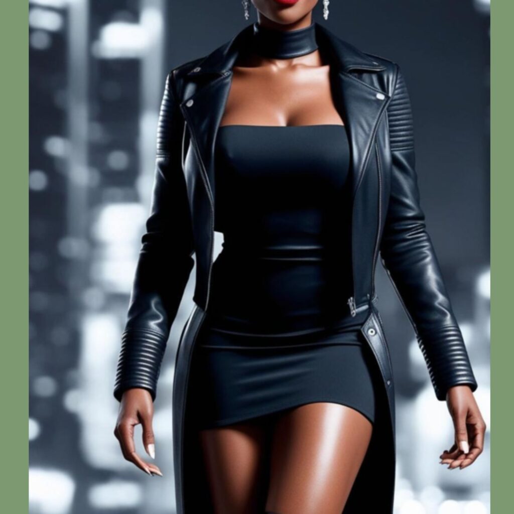 Generate an image of a stunning Black woman wearing a black bodycon dress with a leather jacket, over-the-knee boots, and bold red lipstick.
