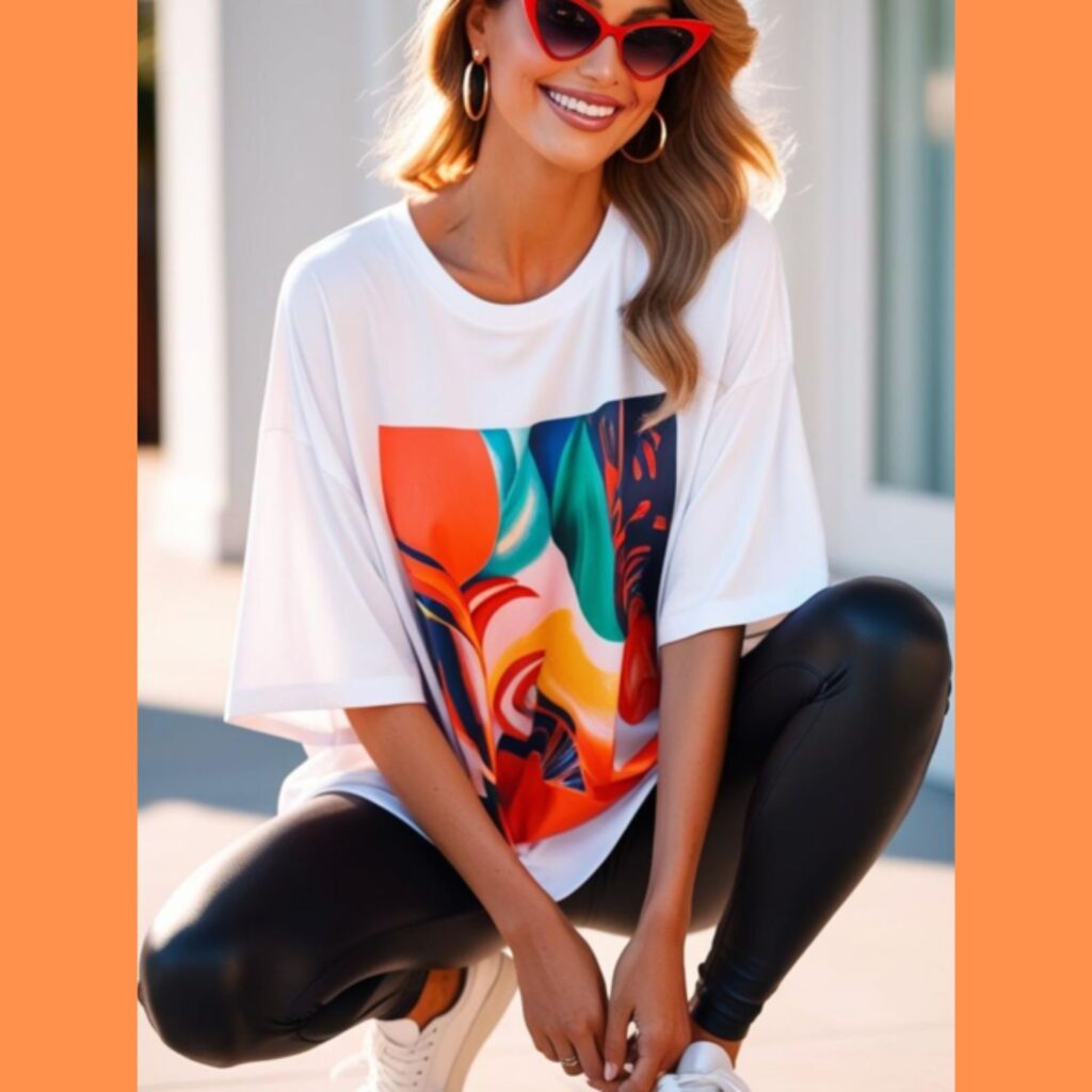 Generate an image of a beautiful woman wearing an oversized graphic t-shirt, black leggings, white sneakers, and bold red sunglasses.