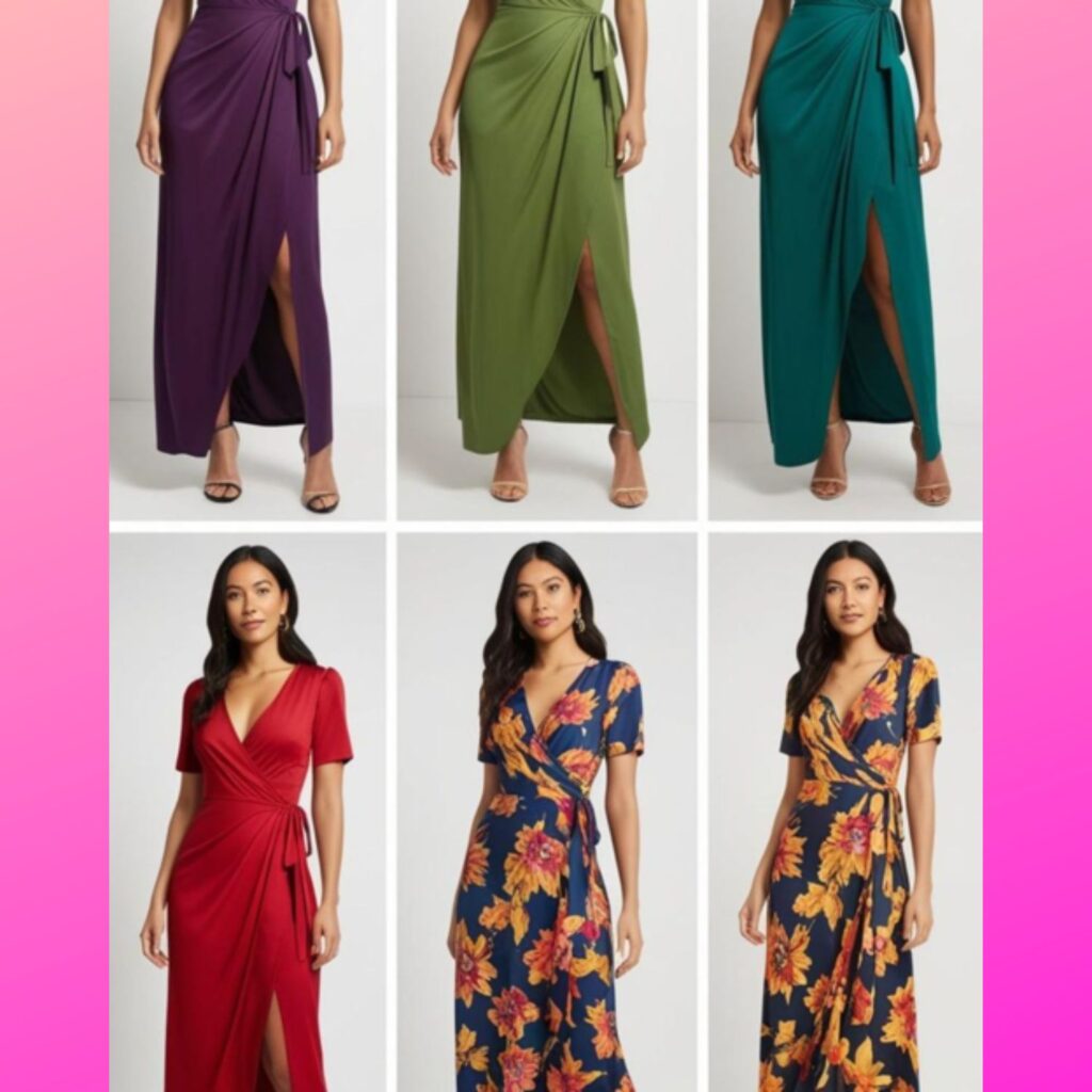Generate an image of a curvy lovely woman wearing a floral wrap dress with wedges and statement earrings.