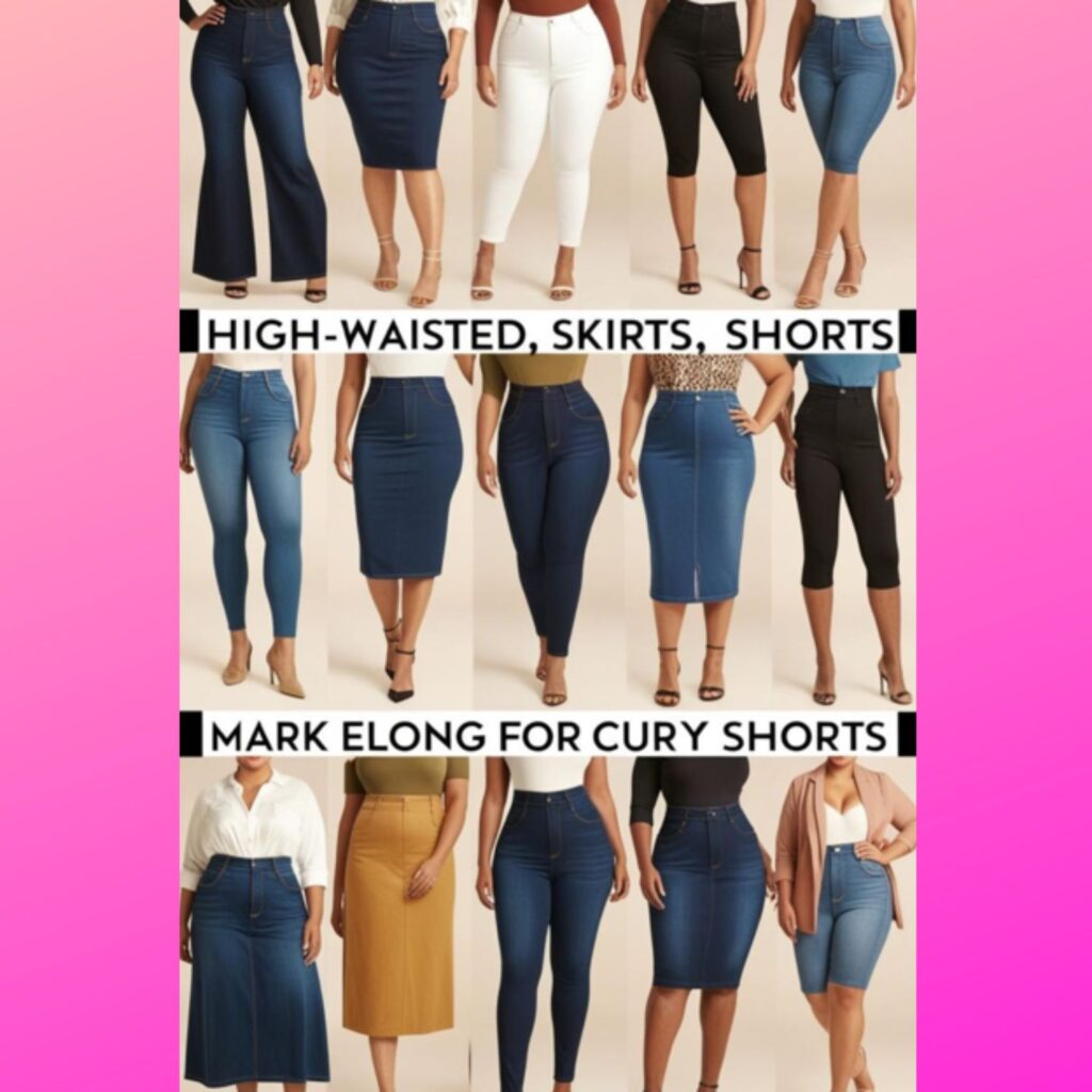 High-waisted jeans, skirts, and shorts for curvy women: Elongate legs and create a flattering silhouette.