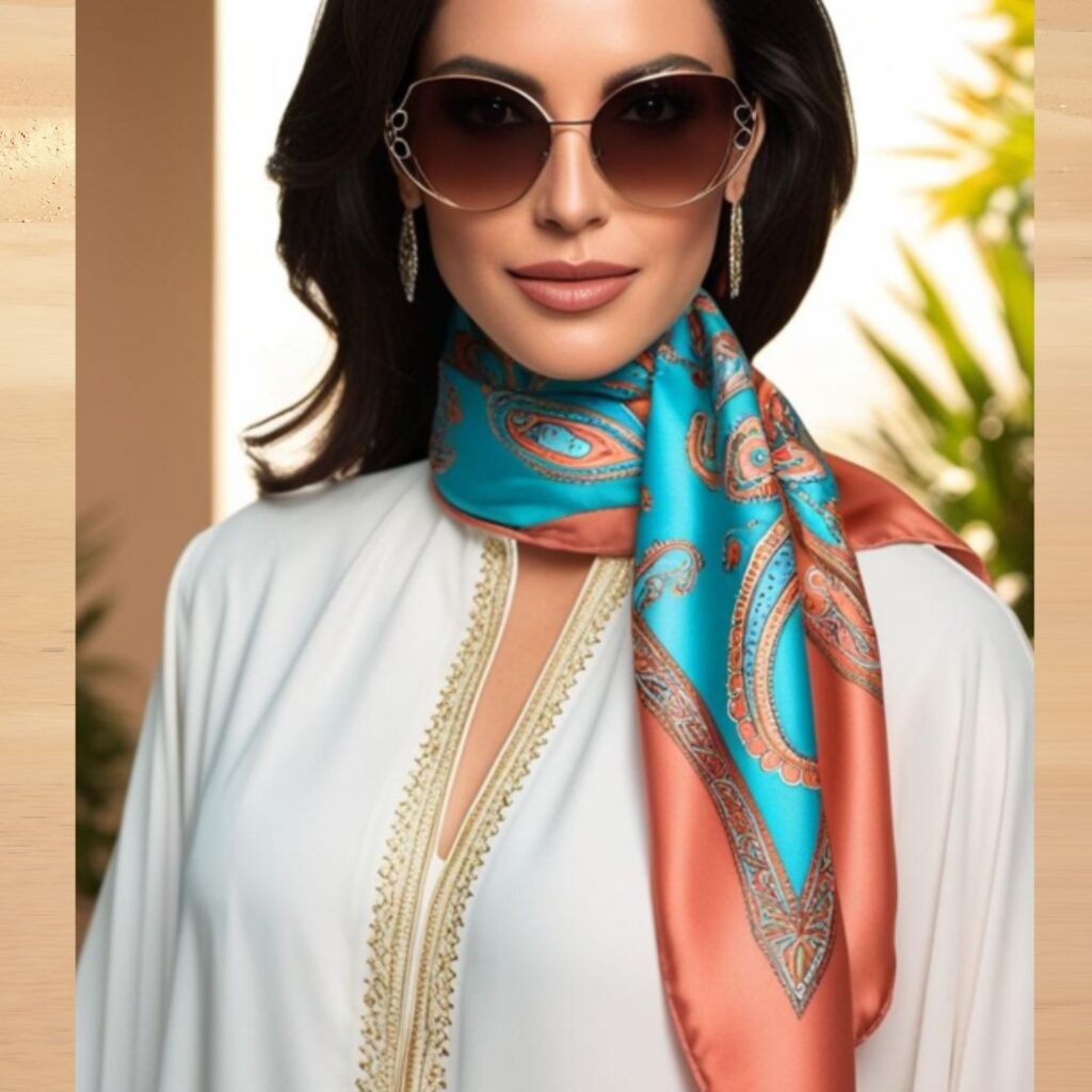 Generate an image of a stunning woman wearing a flowing white abaya with a colorful printed scarf and sunglasses.