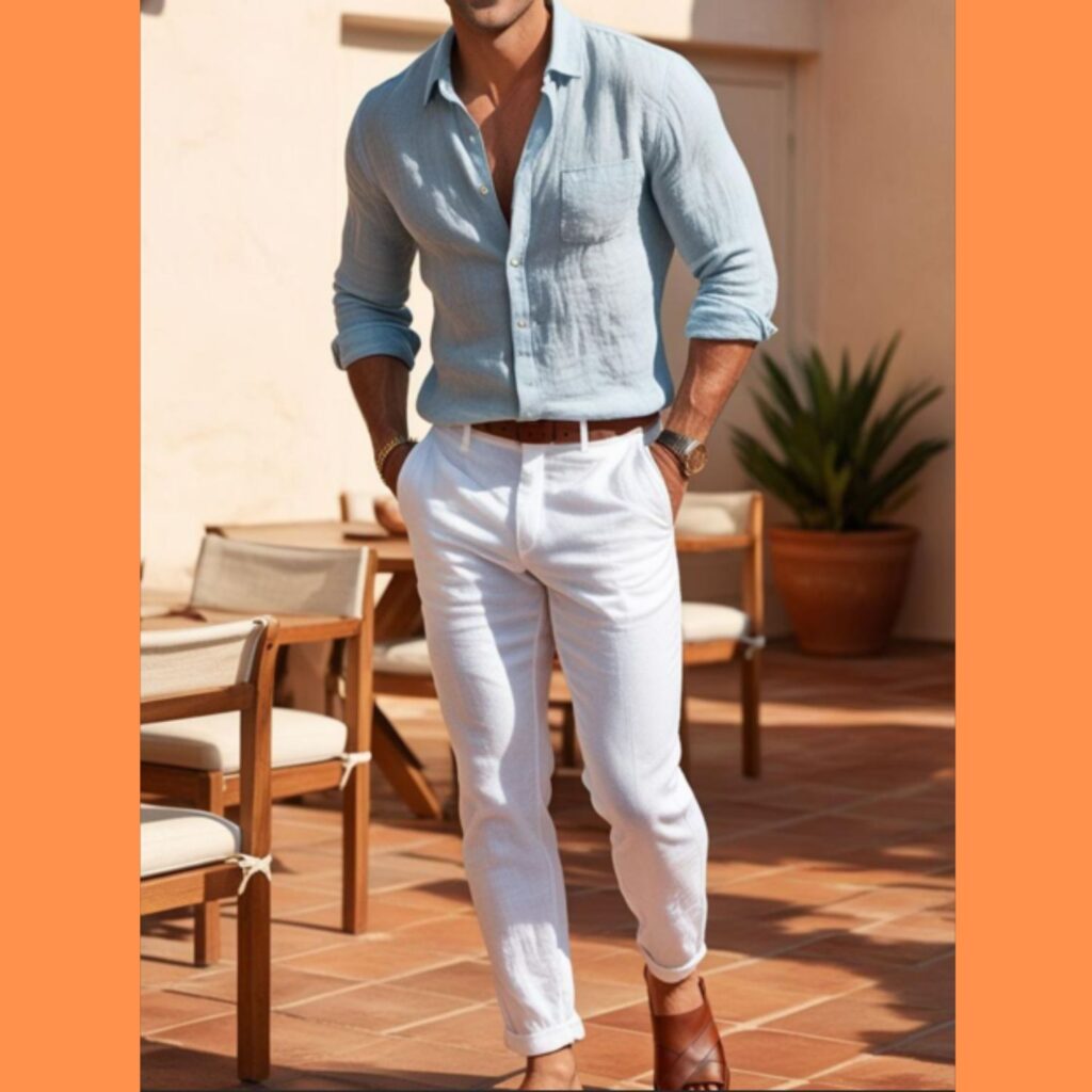 Generate an image of a good-looking man wearing white linen pants, a blue linen shirt, and brown leather sandals.