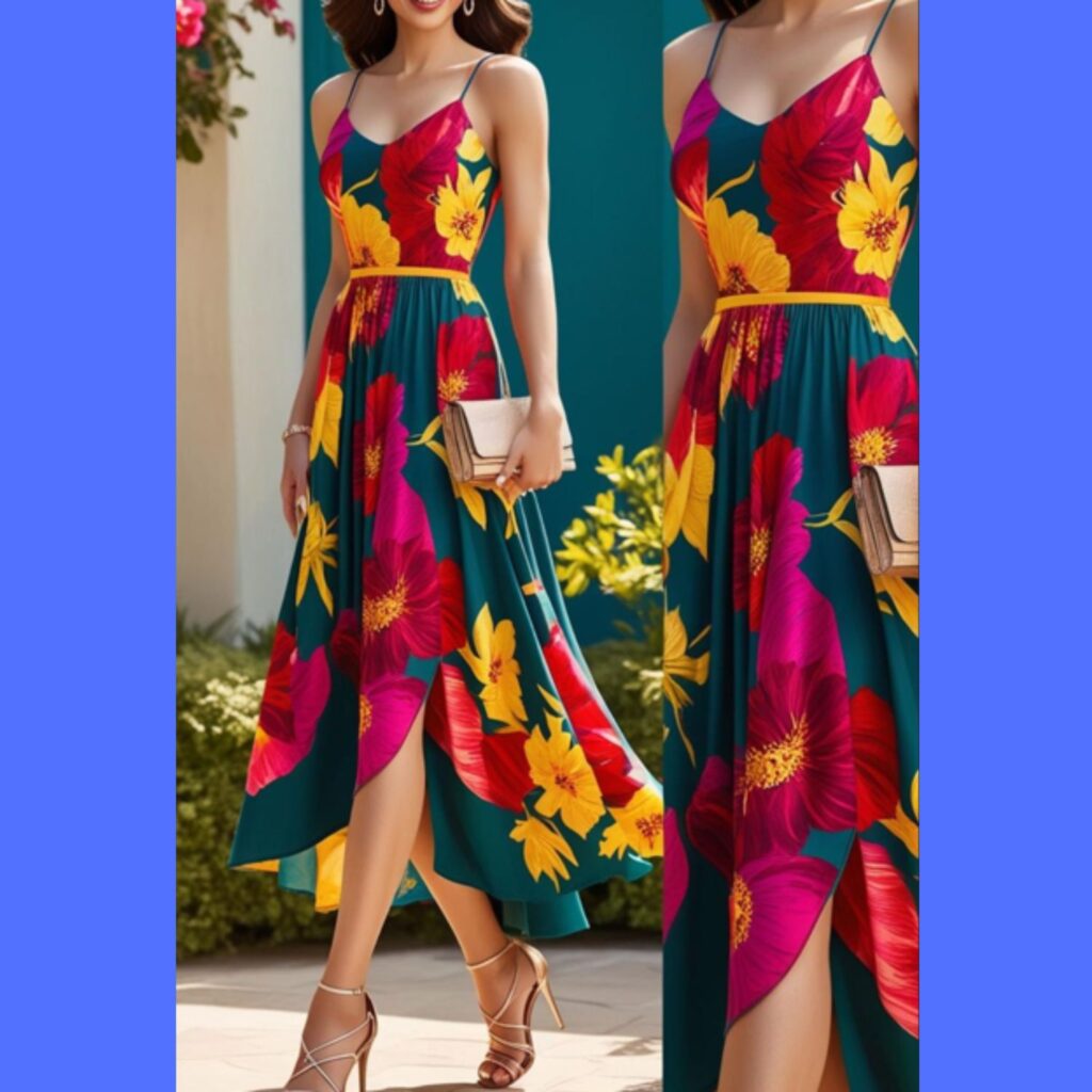 Generate an image of a stunning woman wearing a vibrant floral maxi dress with strappy heels and a clutch bag.