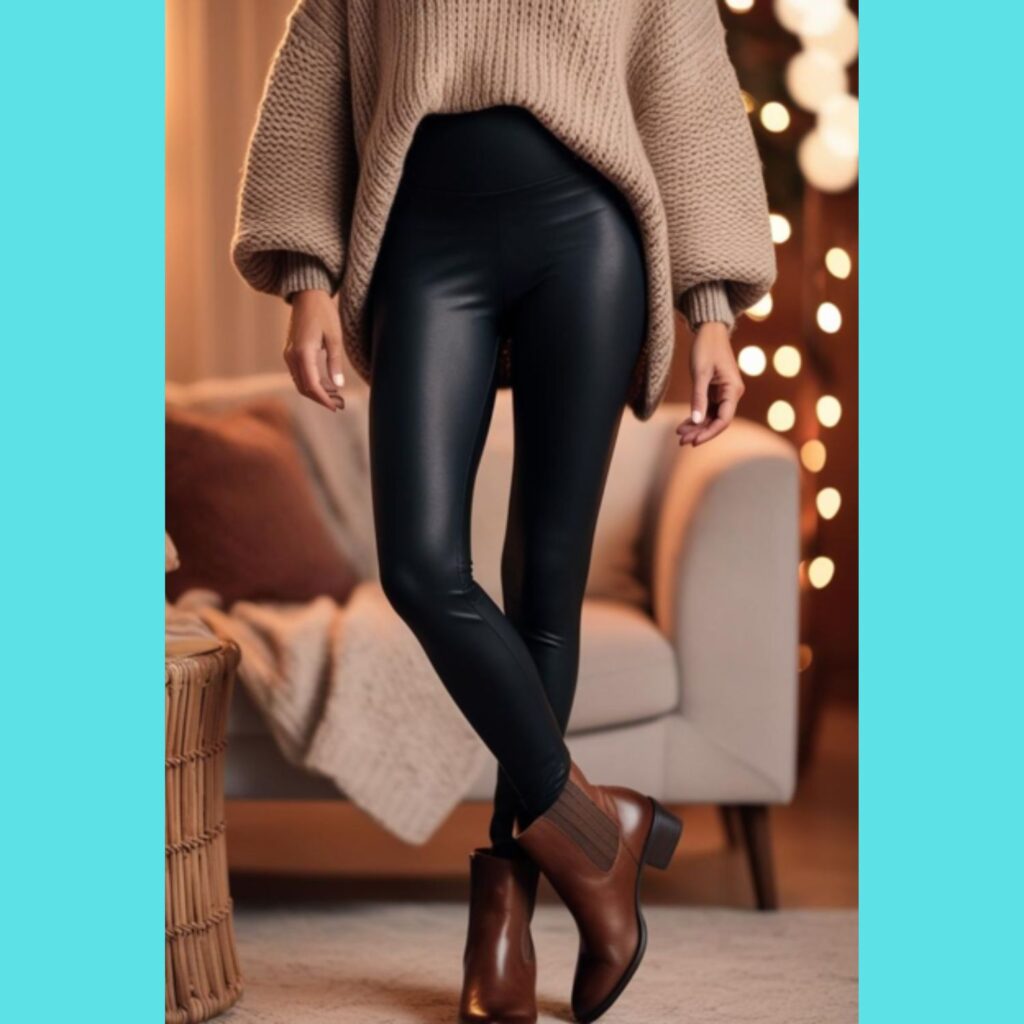 Generate an image of a lovely person wearing black leggings, a cozy oversized sweater, and stylish ankle boots.