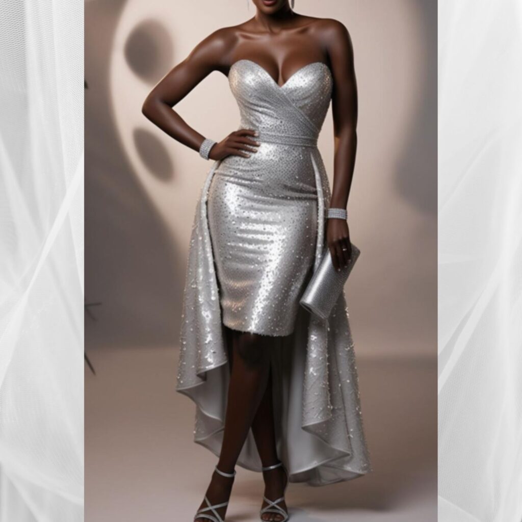 Generate an image of a stunning woman wearing a winter silver sequin dress with strappy heels and a sparkling clutch.