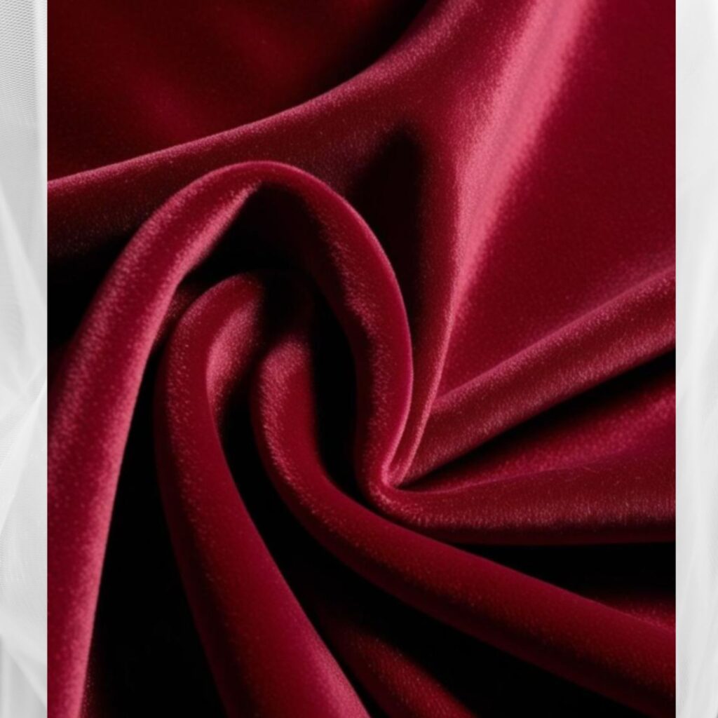 A close-up showcasing velvet fabric, emphasizing its luxurious texture and sophisticated appeal for adding elegance to any outfit.
