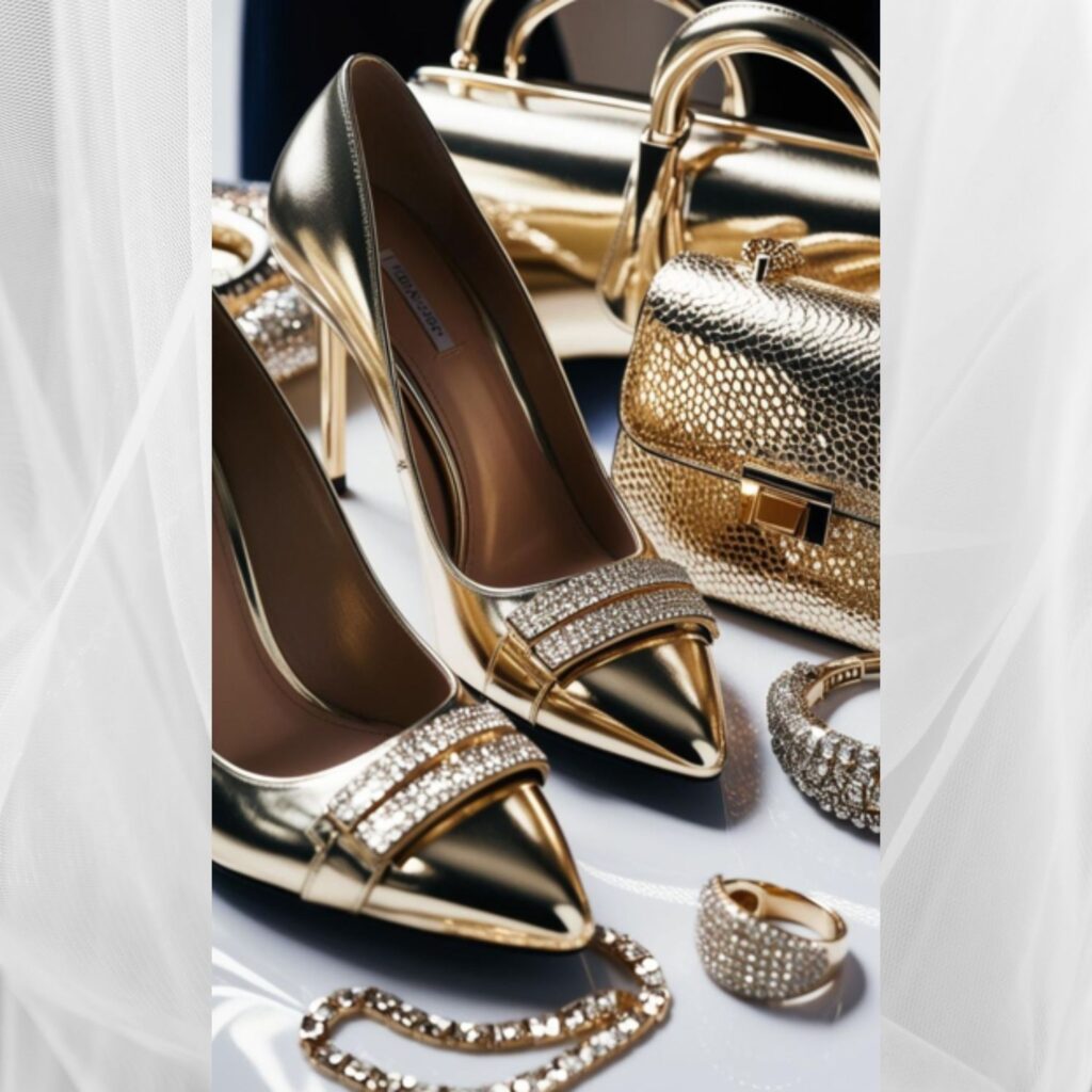 Metallic shoes, bags, and jewelry are highlighted, illustrating how these accents add sparkle and elevate an outfit with a touch of glamour.