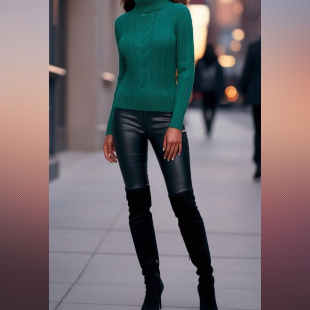 Generate an image of a beautiful woman wearing a vibrant emerald green sweater with black leather pants and over-the-knee boots.