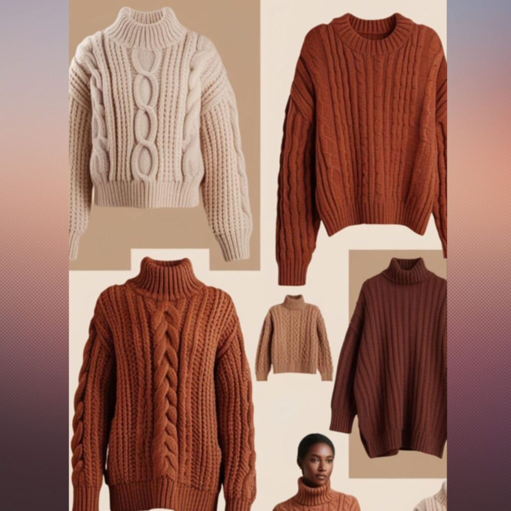 Chunky knit sweaters, oversized cardigans, and cozy turtlenecks dominate, showcasing popular warm and textured winter garments.