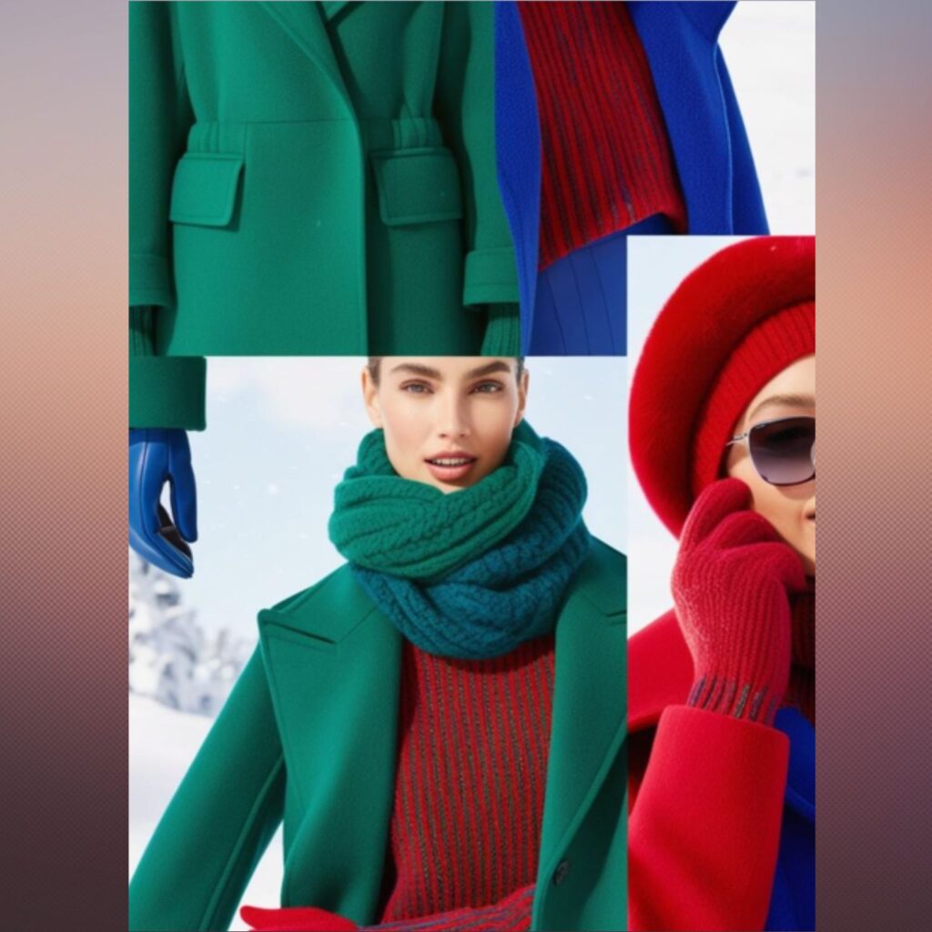 Bold hues such as emerald green, sapphire blue, and ruby red are prominent, showcasing a vibrant injection of color into winter wardrobes.