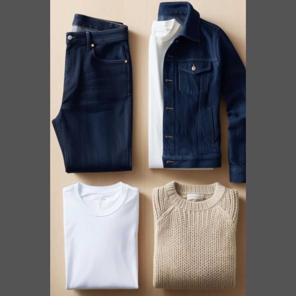 A selection of core capsule wardrobe items neatly arranged, such as a white t-shirt, black trousers, a denim jacket, and a versatile sweater.