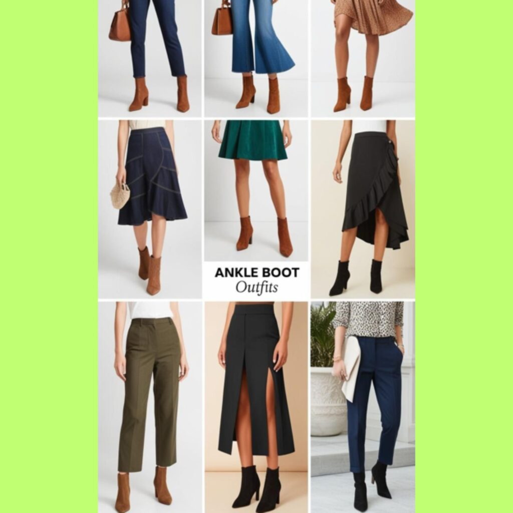 A variety of ankle boots outfits, showing how they can be styled with jeans, dresses, skirts, and trousers for different occasions.