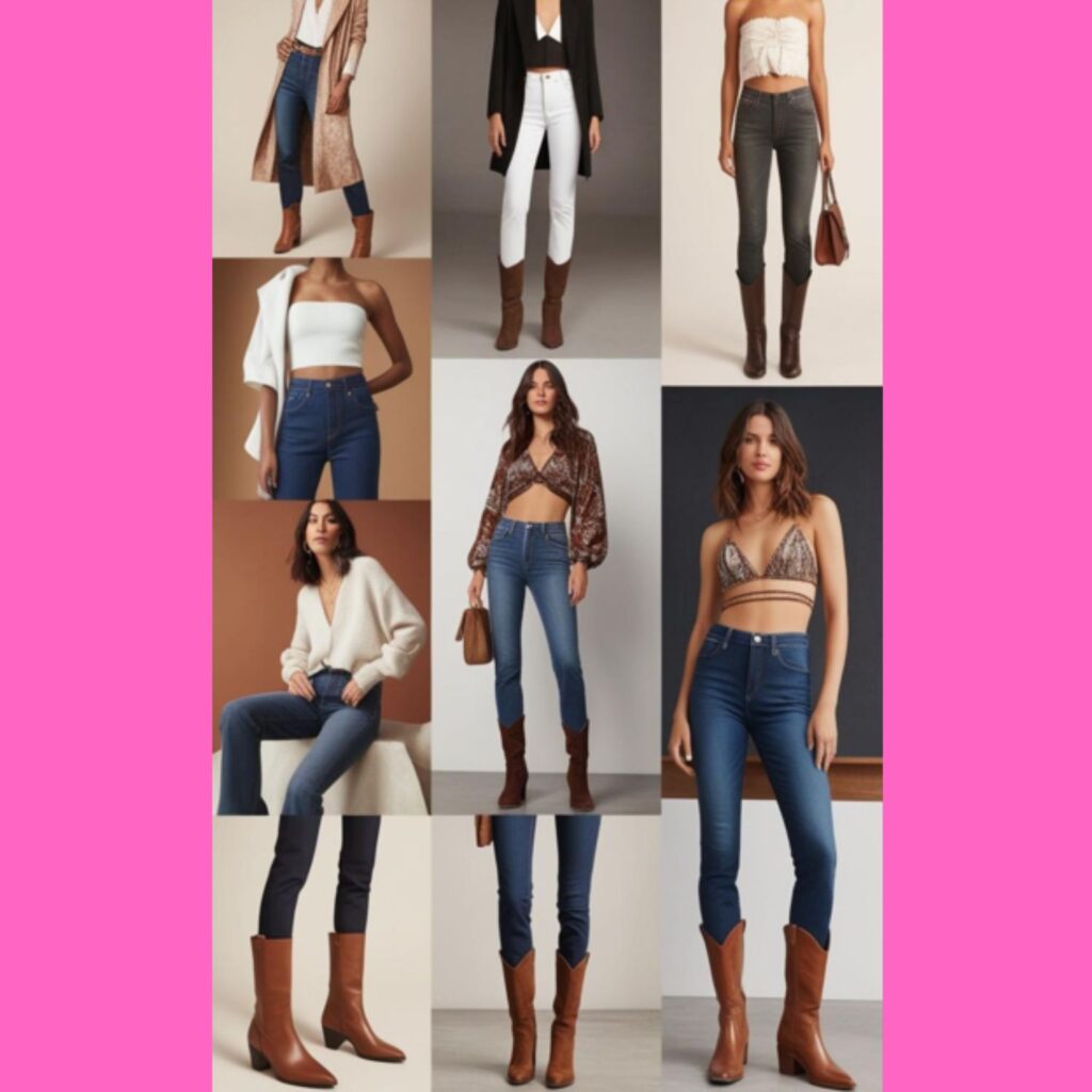 A collection of aesthetically pleasing boots and jeans outfit photos, focusing on lighting, composition, and overall style, ranging from minimalist to bohemian.