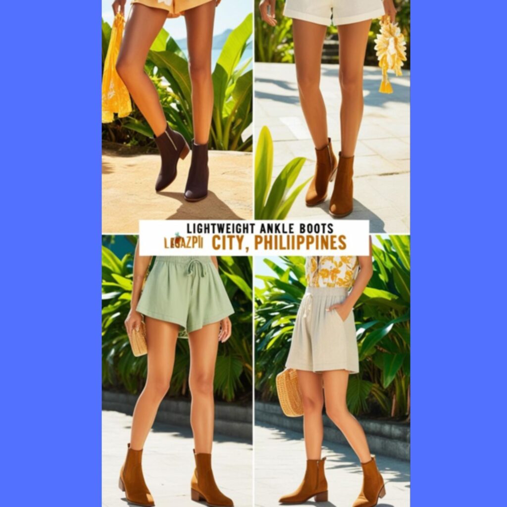 Summer boots outfits featuring lightweight ankle boots paired with shorts, skirts, and dresses in light and airy fabrics, possibly in a tropical setting like Legazpi City.