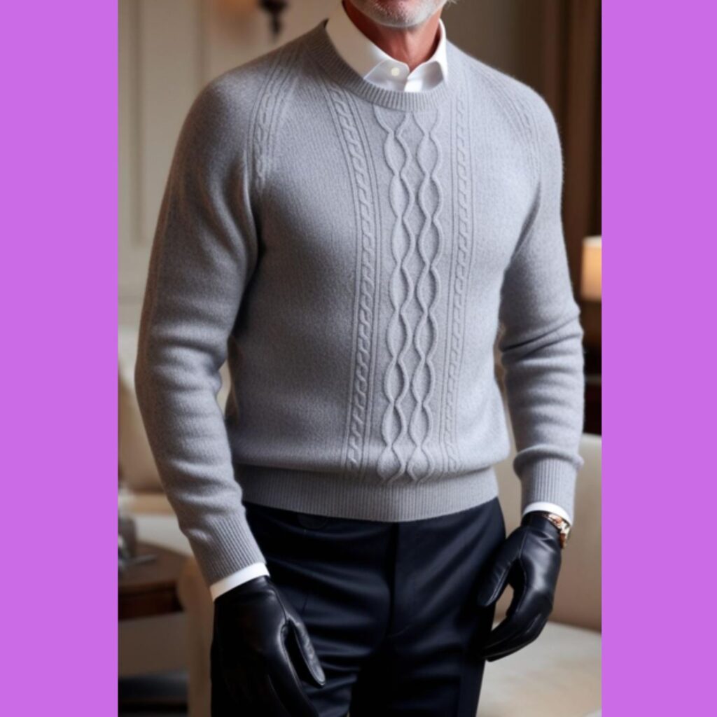 Generate an image of a man wearing a gray cashmere sweater with black tailored trousers and leather gloves.