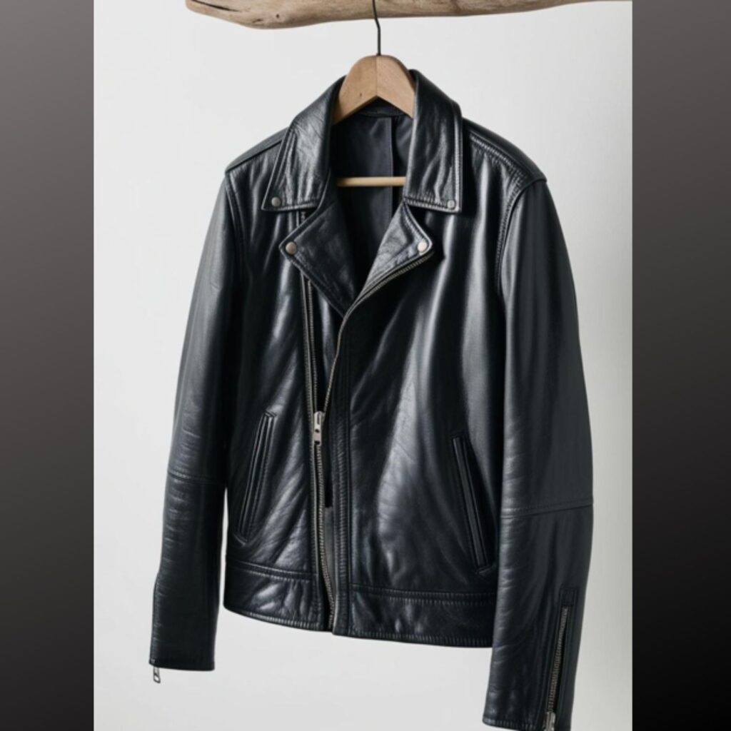 A classic leather jacket is showcased, emphasizing its timeless nature and ability to add an edgy touch to a variety of outfits.