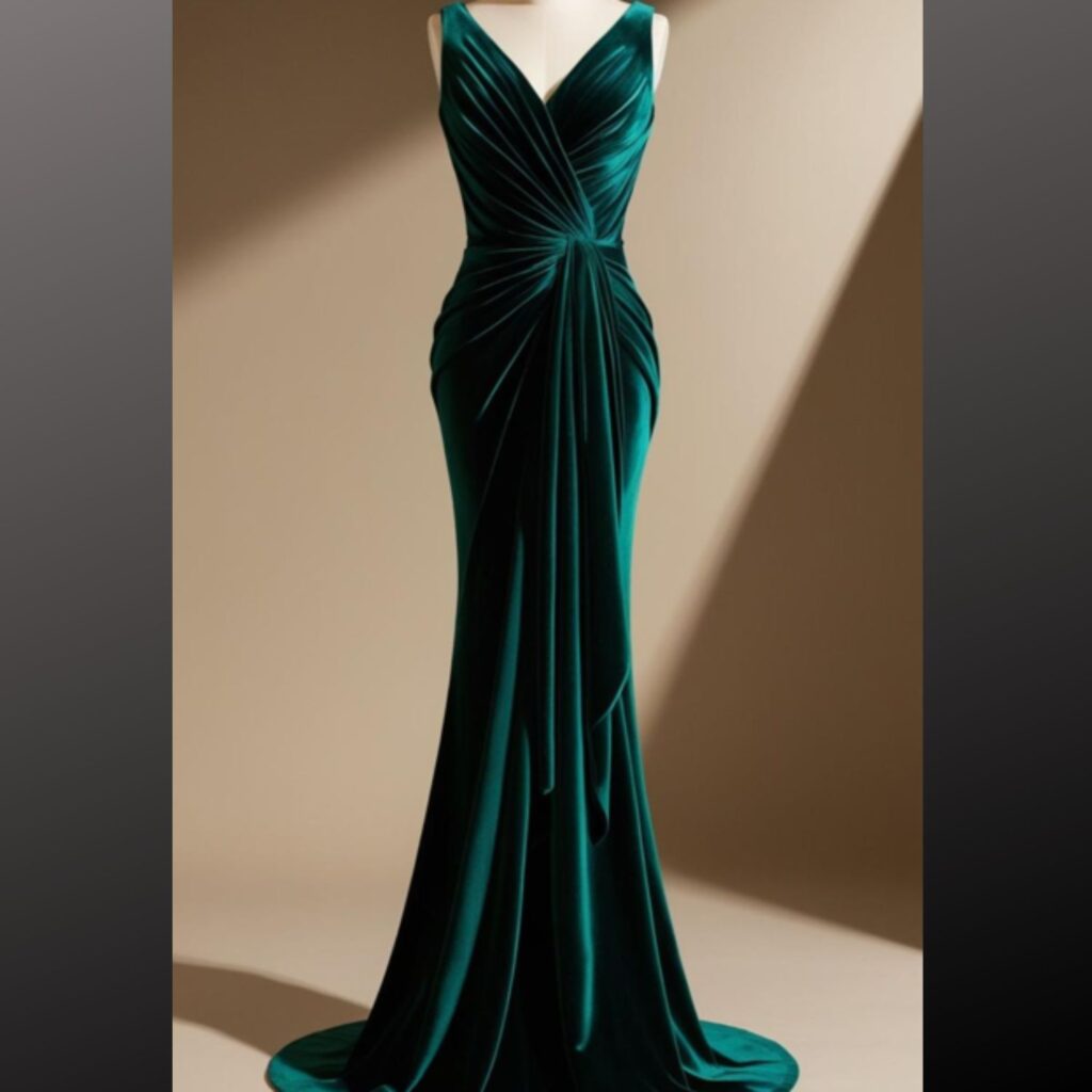A velvet dress is displayed, highlighting its suitability for adding a luxurious and glamorous touch to an elegant ensemble.