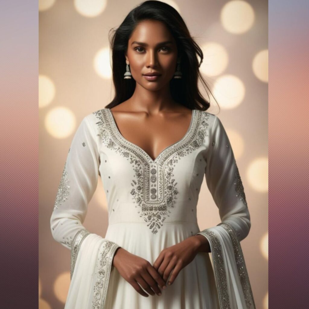 Generate an image of a woman wearing a white Anarkali suit with silver embellishments.