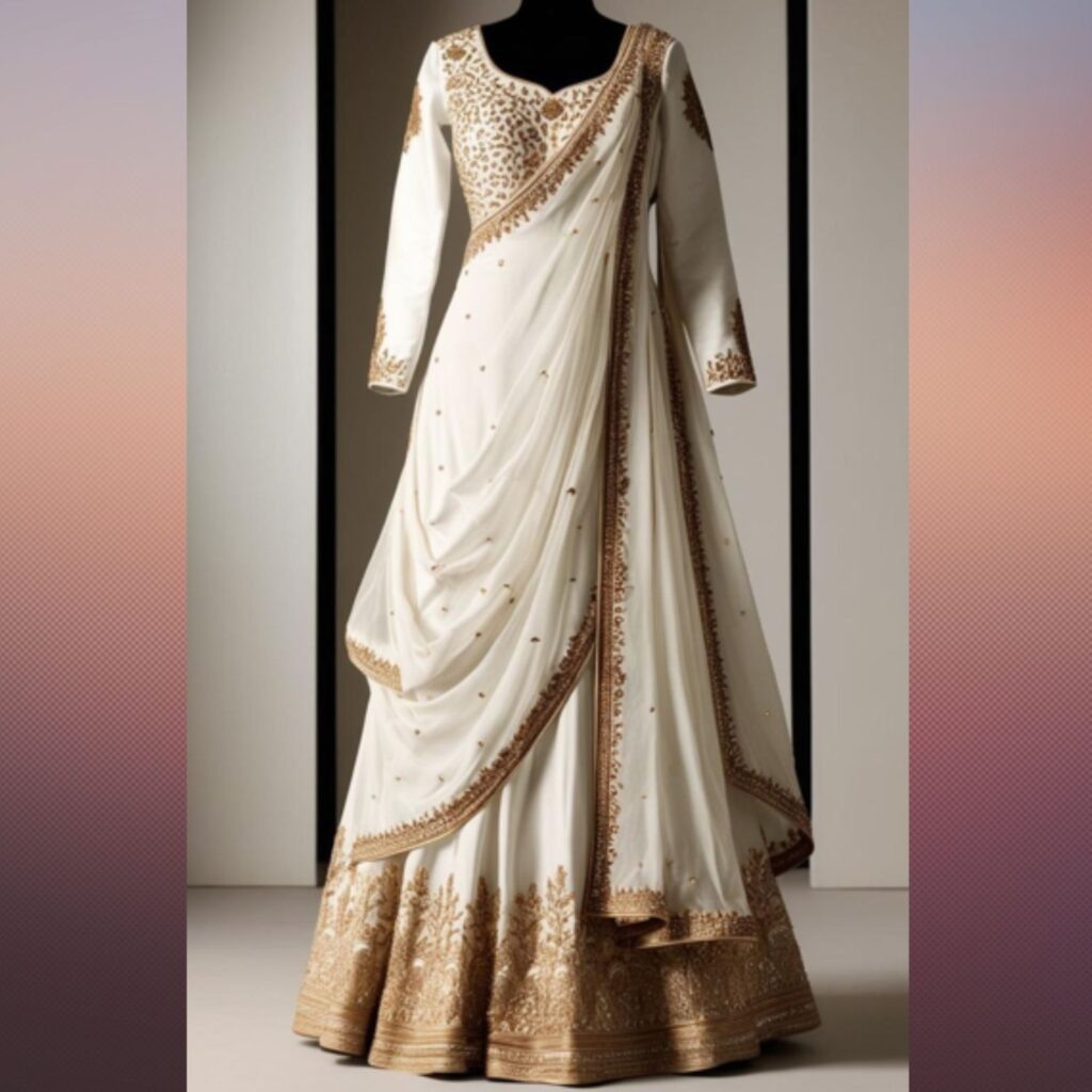 Trendy Indian plus-size white Anarkali suit with delicate embroidery and embellishments for a stunning appearance.