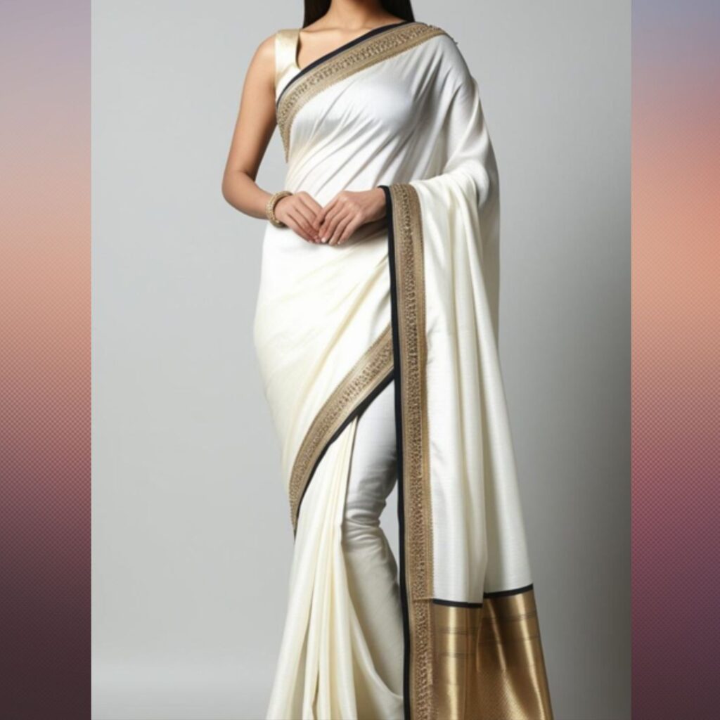 Trendy Indian plus-size white saree with intricate border work and minimal embellishments styled for special occasions.