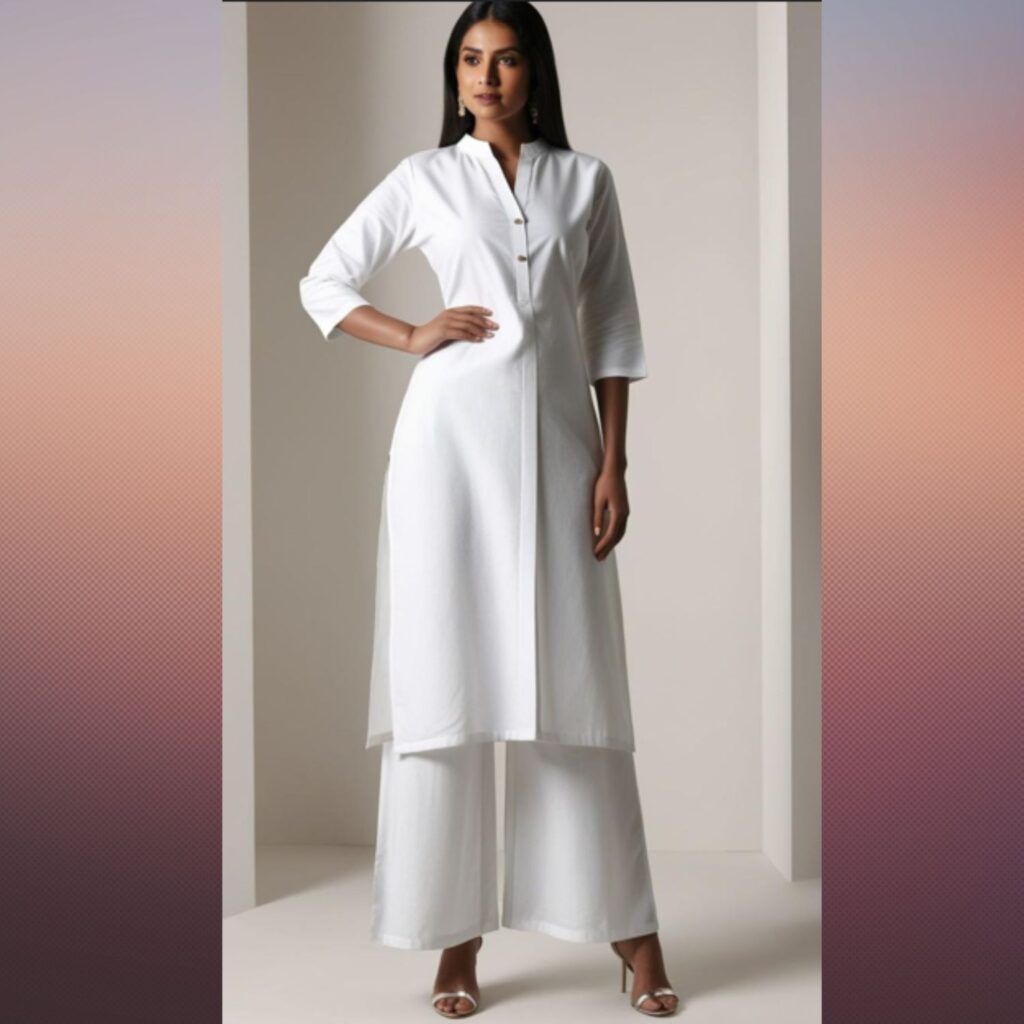 Trendy Indian plus-size white kurti paired with white palazzos styled for a clean, elegant, and sophisticated look.