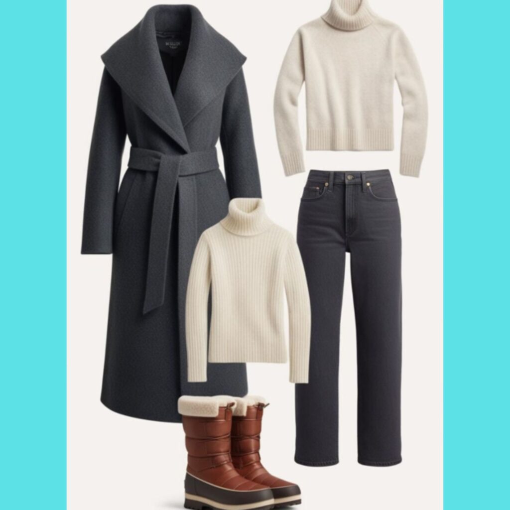 A curated selection of women's winter capsule wardrobe items, including a stylish wool coat, a cashmere sweater, comfortable jeans, and insulated boots.