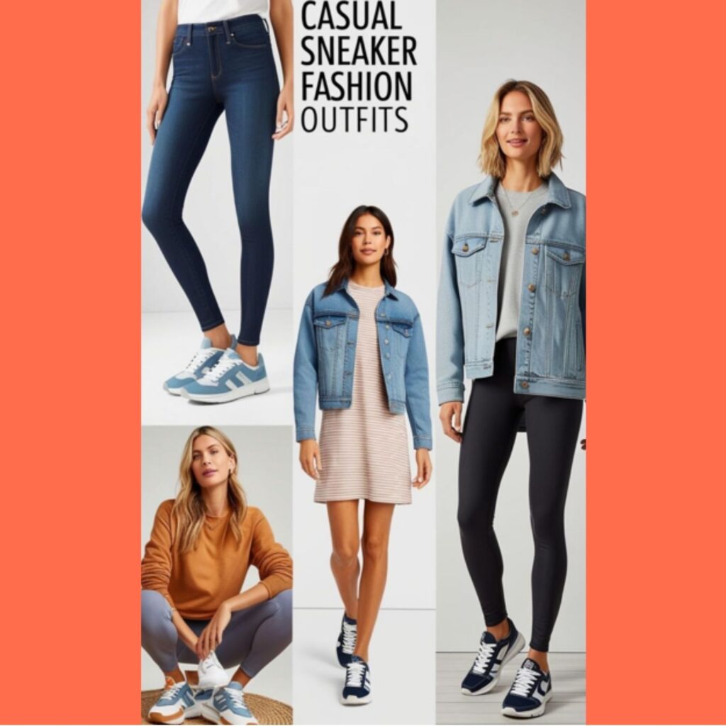 A woman's casual sneaker fashion outfits displayed, showcasing pairings with jeans and t-shirts, dresses and denim jackets, and leggings and sweaters for effortless style.