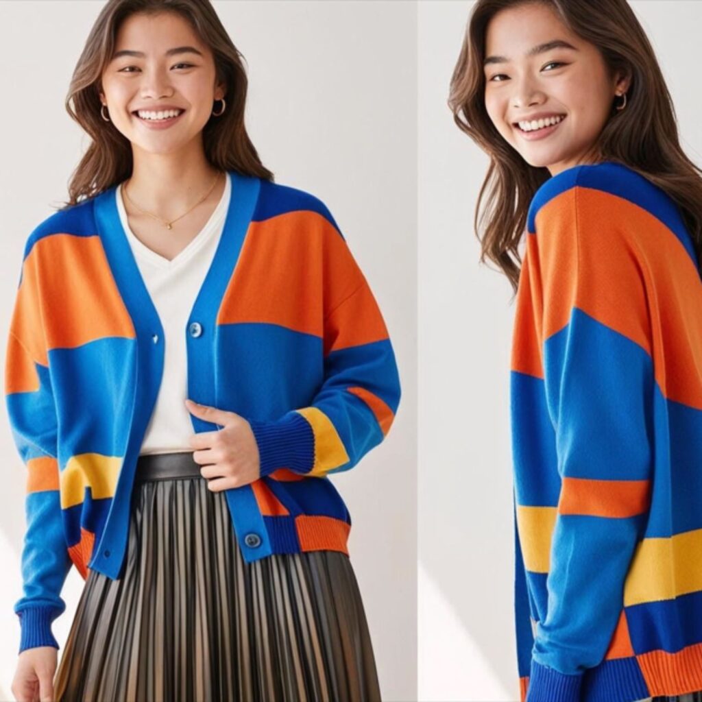 Bold colorblock cardigan with pleated skirt creates a fun, stylish look with vibrant colors and soft movement, perfect for school, dates, or special occasions.