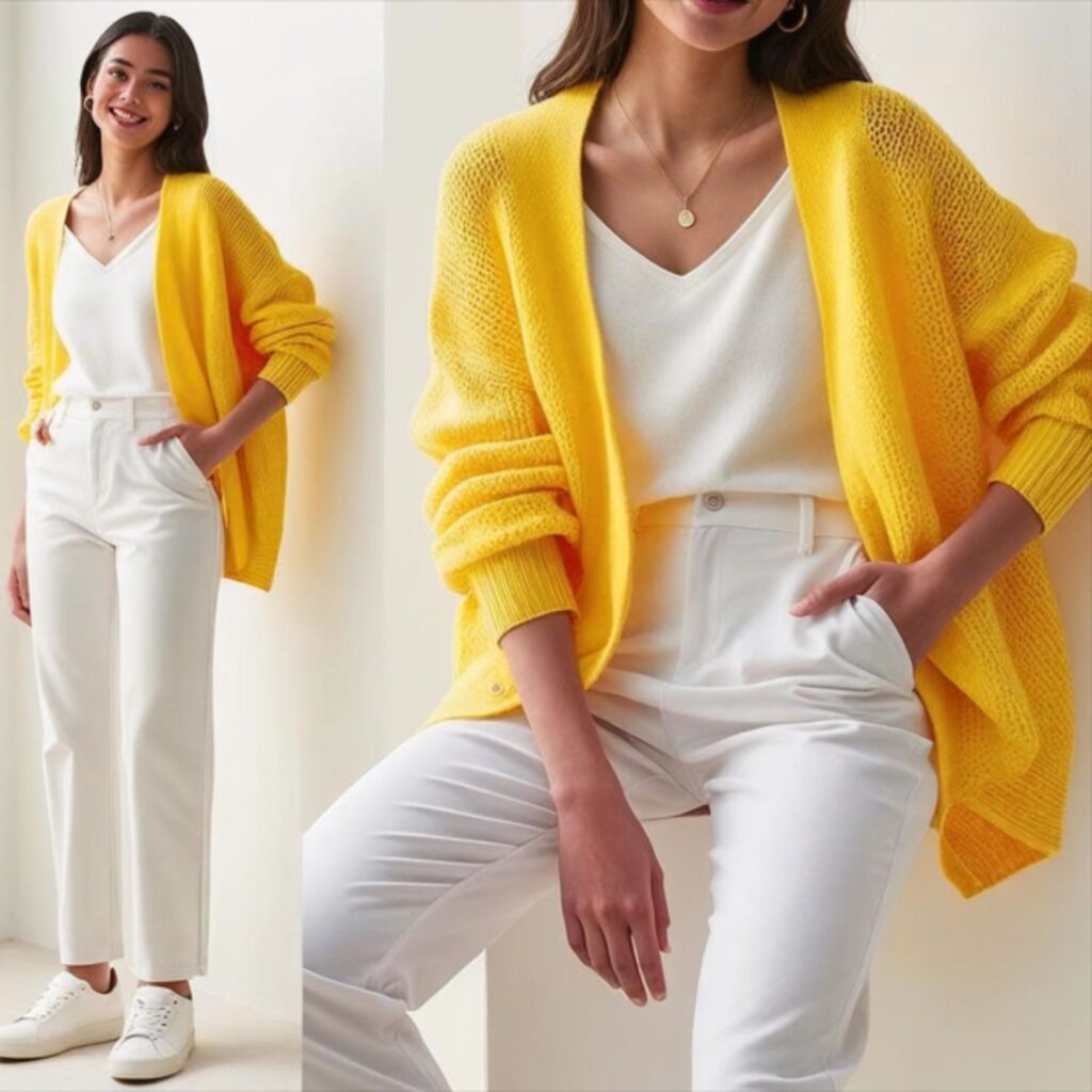 Bright cardigan with white pants creates a fresh, cheerful look with vibrant color and soft white, perfect for spring or summer days with sneakers or sandals.